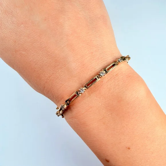 14K Solid Yellow Gold .70 CT Genuine Diamond Square Link VTG Tennis Bracelet - Picture 3 of 11